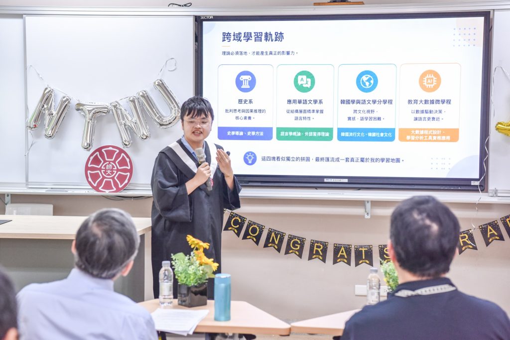 修讀領域為「語言科技與智慧應用」的許家瑋,專題聚焦於建置AI輔助語言學習系統。